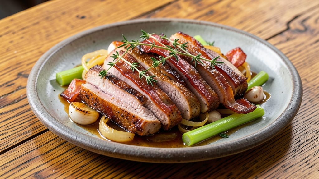 Amanda Freitag's Pork on Pork Recipe: Celery Crown Crunch Over Smoky Bacon Velout