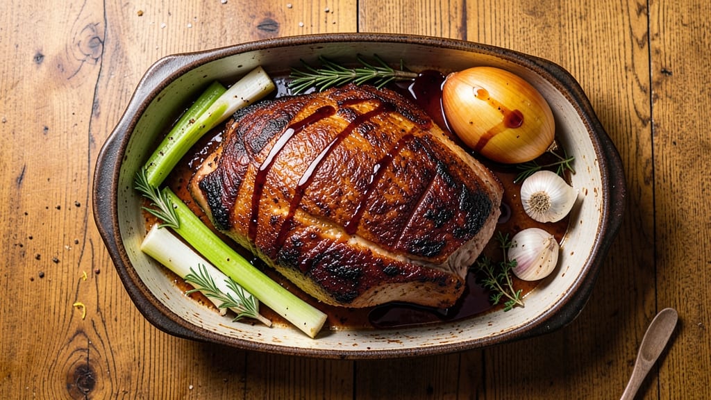America's Test Kitchen Pork Shoulder Roast Recipe: Celery Crown Crunch Over Smoky Herb Gravy